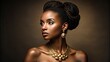 © Four888 - Elegant African American woman in her 30s, adorned with gold jewelry and a sleek updo, exudes sophistication and poise in a luxurious studio setting.