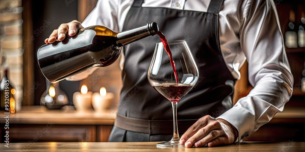 Elegant apron-clad server pours rich, red wine from a curved bottle ...