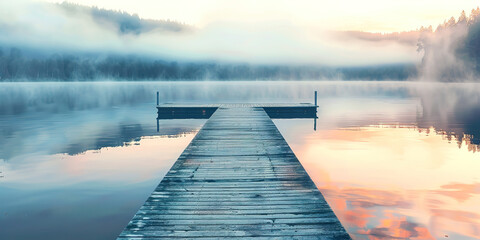 Poster - Wooden platform on a foggy lake