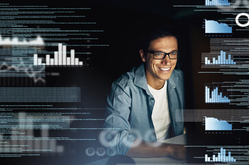 Fototapete - Man, overlay and happy on computer with coding at night as employee for overtime and deadline with statistics. Business, male person and data analysis with graphs, programming and processing info