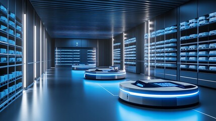 Poster - A high-tech warehouse with automated robots and digital inventory management