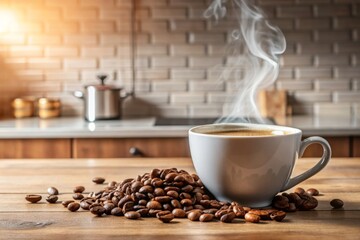 creamy white steam rises from a cup of hot morning coffee made with expertly ground beans on a minimalist Scandinavian-inspired kitchen counter