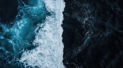 Stunning ocean photograph, half white and half black, captured from above with hyper-realistic detail and simplicity.