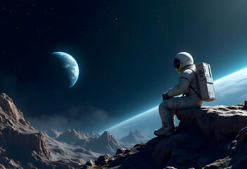 An astronaut sits on a rocky surface and looks at the Earth