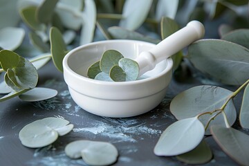 Wall Mural - A mortar and some leaves on a table