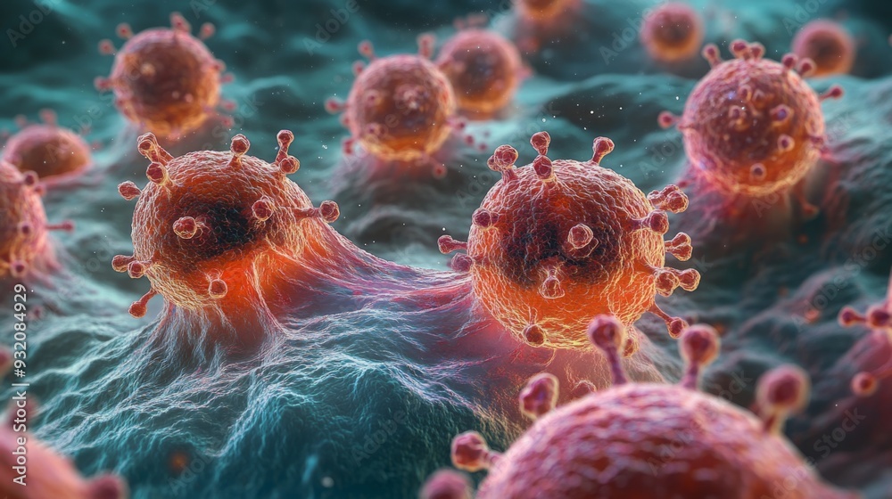 Highly detailed close-up of cancer cells spreading through tissue under ...