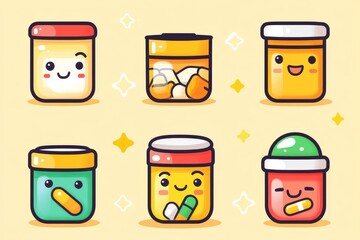 Wall Mural - Vibrant Pill Bottle Characters in a Fun Grid Pattern on a Yellow Background Representing Creativity and Care in Healthcare