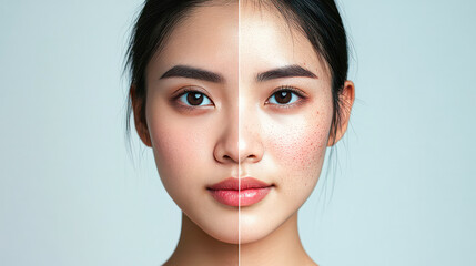 the two faces are of a woman with a red rash on her face. the left face has a clear complexion, whil