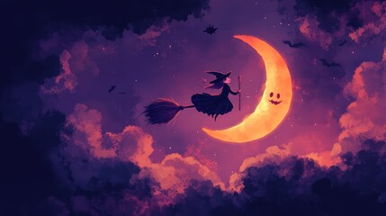 witch on her broomstick, flying past a crescent moon with a cute face, in a kawaii Halloween sky.