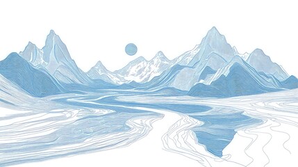 Naklejka na meble Contour line art of mountains and river, blue accent color, abstract, on a white background.