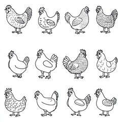 A collection of illustrated chickens in various styles and poses.