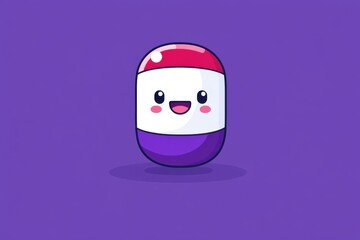 Sticker - A cute purple and white capsule with a happy face on a purple background symbolizing joy and positivity in the use of medicine for mental and physical well being