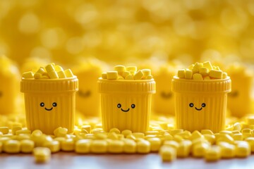 Canvas Print - A close up of three smiling yellow pills on a golden background symbolizing happiness and positivity in modern medicine and healthcare