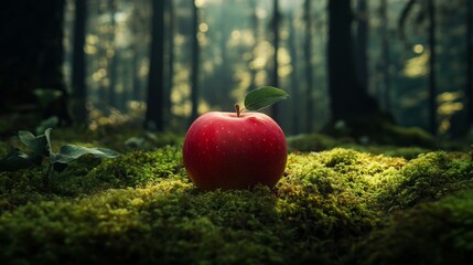 Canvas Print - Red apple on moss in a mystical