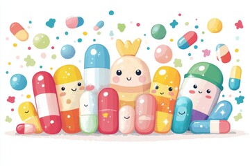 Sticker - An array of multicolored pills with smiling faces against a white background symbolizing the diversity and joy found in modern healthcare solutions