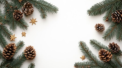 Canvas Print - Fir tree branch with cones arranged elegantly on a white background, perfect for winter holiday decorations or Christmas card designs