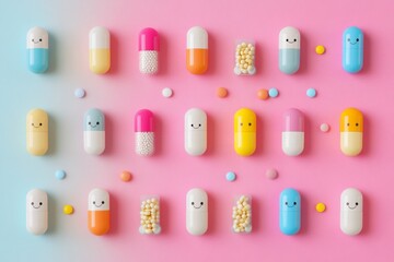 Canvas Print - An organized grid of colorful pills on a pastel background symbolizing the systematic and approachable nature of pharmaceutical solutions