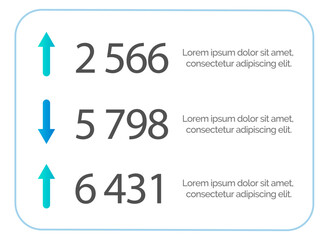 Aufkleber - Business data visualization numbers, down and up arrows. Infographic icons with steps dynamics of changes in indicators. Used for presentation information marketing project strategy and technology