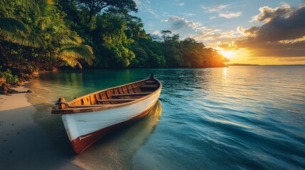 Wall Mural - Serene Tropical Island Escape - Tranquil Boat Moored in Lush Paradise with Copy Space for Summer Getaways