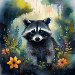 Watercolor Racoon in a Garden, Rain