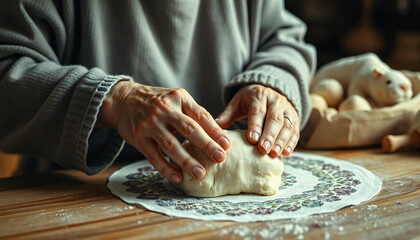 An elderly Caucasian woman's hands kneading dough on a kitchen counter, women working in kitchen, women in kitchen, kitchen, women working, girl working