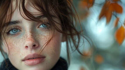 Portrait of a beautiful brunette girl with freckles close up