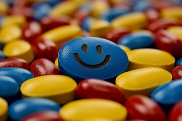 Poster - A smiling blue pill surrounded by a mix of red and yellow capsules symbolizing the positive impact of medication on mental health