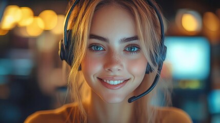 cheerful young woman working in bustling call center environment professional consultant wearing headset provides customer service with friendly smile modern office setting with crm displays