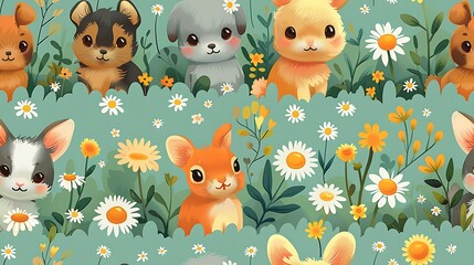 A seamless pattern of adorable cartoon bunnies and puppies playing together in a field of daisies, with bright sunlight and vibrant greens, detailed fur and flower textures, hd quality, natural look.