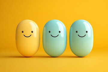 Poster - Three pill characters in pastel colors on a yellow background symbolizing the unity and happiness in healthcare and medication