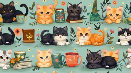 Wall Mural - A seamless pattern of adorable cartoon kittens curled up on soft pillows, surrounded by books and teacups, warm colors, detailed fabric textures, soft lighting, hd quality, natural look.