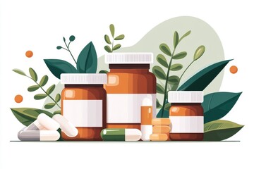 Sticker - A group of various pill bottles with leaves on a white background symbolizing the connection between nature and pharmaceuticals in promoting health