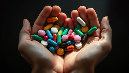 Hands holding various colorful pills and capsules on a dark background, medicine background, pill in girl hand, pill in women hand, pill for women, pill for girl, drug, stop taking drugs