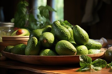 Wall Mural - Fresh avocado on the rustic wooden table close up., generative IA