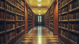 A blurred background of a grand library corridor with wooden bookshelves and elaborate chandeliers, reflecting a rich historical and literary tradition. It embodies heritage, preservation, and cultura