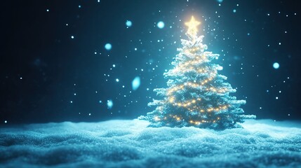 Wall Mural - Shining decorative Christmas and New Year tree in the snow on a blue background, it is snowing