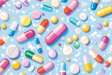 Poster - A vibrant pattern of colorful pills and capsules on a light blue background symbolizing the variety and abundance of modern medication options