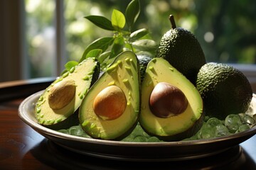 Wall Mural - Useful fruits fresh avocados on the white surface, generative IA