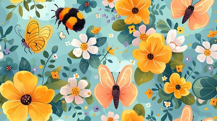 Wall Mural - A seamless pattern of cute cartoon bees and butterflies, flying among blooming flowers, bright yellows and purples, delicate wing details, glowing sunlight, hd quality, natural look. --ar 16:9 --v 6.