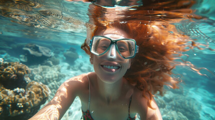 Redheaded girl in goggles swimming underwater on a coral reef.