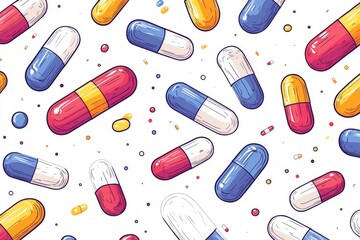 Wall Mural - Playful and colorful seamless pattern of various pills and capsules on a white background perfect for pharmaceutical designs healthcare themes and wellness product packaging