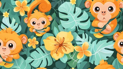 A seamless pattern of cute cartoon monkeys swinging from vines, surrounded by jungle leaves, bananas, and bright tropical flowers, vivid greens and yellows, dynamic poses, soft lighting, hd quality,