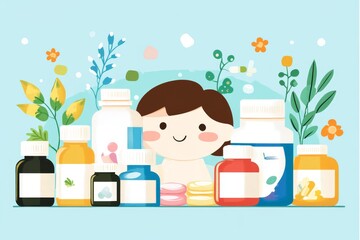 Sticker - Illustration of a happy child surrounded by bottles and capsules set against a soft blue background with floral accents promoting the importance of health and medication in a child friendly design