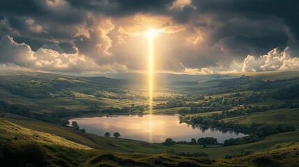 Wall Mural - Enigmatic light pillar piercing through the clouds over a serene landscape with rolling hills and a tranquil lake creating a mystical atmosphere