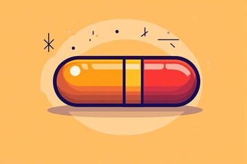 Sticker - Minimalist illustration of a yellow and red capsule on an orange background showcasing the simple yet impactful design of modern medicine and its role in healthcare