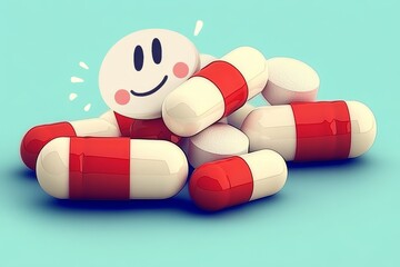 Poster - Pile of smiling red and white capsules on a light blue background symbolizing the positive impact of medication and the importance of healthcare in our daily lives