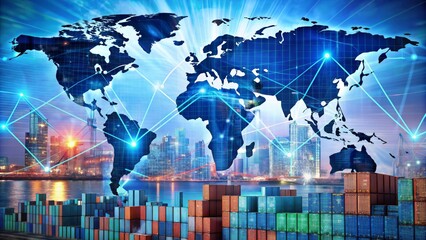 Global Trade Network with City Skyline and Shipping Containers, global trade, international logistics, shipping, containerization