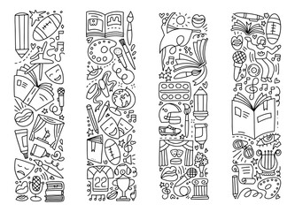 Fine Art and Culture doodle Set. Creative hobby outline isolated symbols bundle. Theater, music, pottery classes, reading, singing signs. Back to school concept. Linear hand drawn vector illustration.