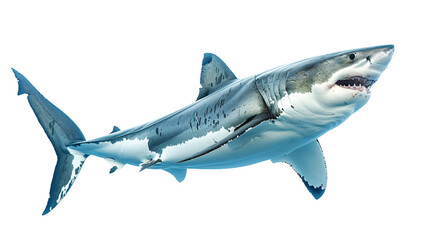 great white shark swimming menacingly towards the camera, white background for clipping