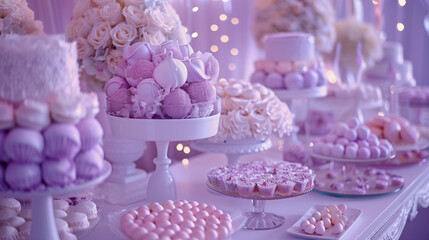 Wall Mural - Candy bar for a wedding, decorated in delicate pink and white tones. Various sweets, pastries, and macarons adorn the table, creating an elegant festive atmosphere